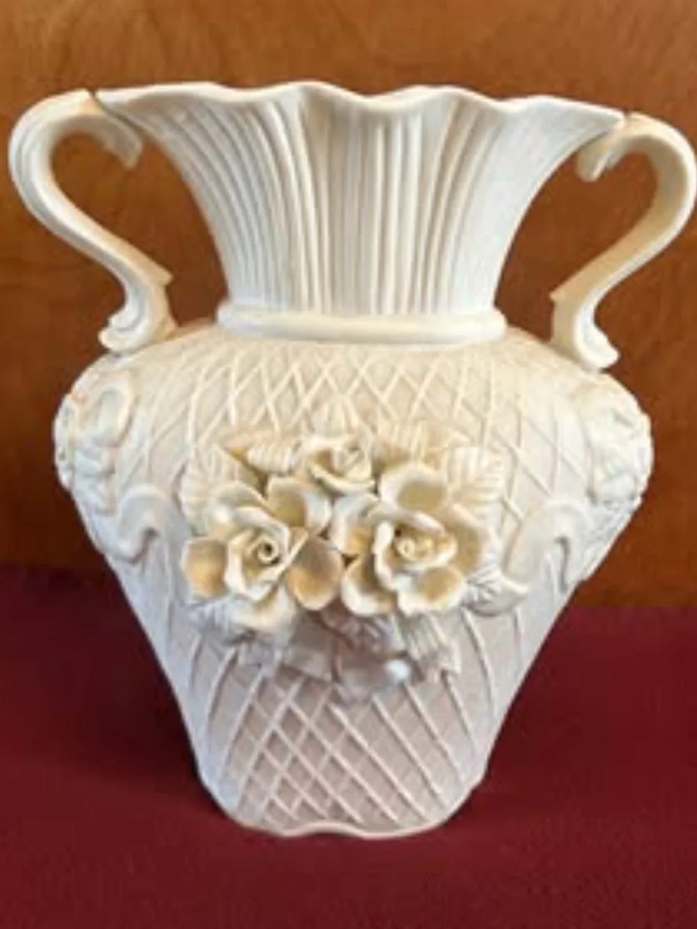 Ornate Cream Ceramic Double-Handled Floral Vase